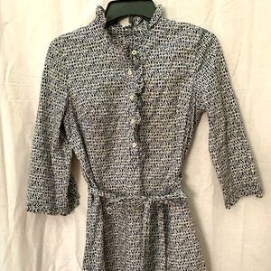 Navy and white dress with tie waist